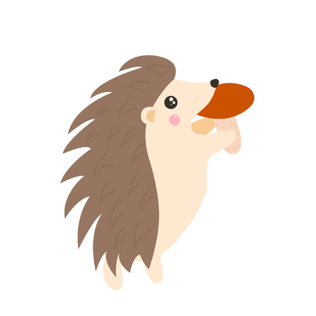 Cartoon hedgehog with mushroom in his paws. White background. Isolatedのイラスト素材