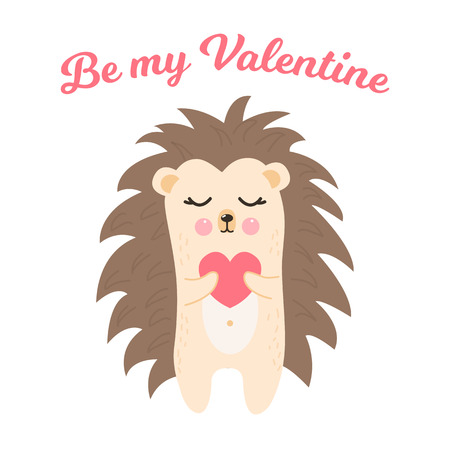 Vector cartoon style illustration of Valentines day romantic gift card with cute hedgehog holding heart in his paws. Be My Valentine textのイラスト素材