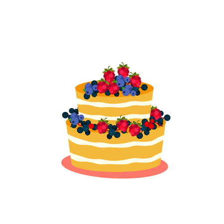 Large, multi-level cake for weddings, birthdays and holidays,decorated with red and blue berriesのイラスト素材