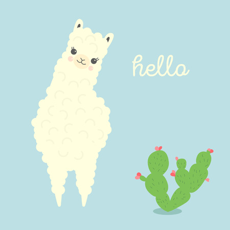 Vector Illustration of cute cartoon llama or alpaca with cactus. Childish print for fabric, t-shirt, poster, cards, invitations, cases, pattern, patch and stickerの写真素材