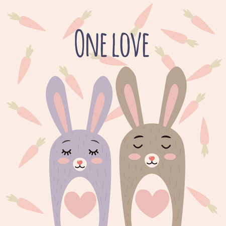 Cute Bunnies vector illustration. Cartoon Bunny character with Heart. Rabbits couple in love. Background with carrotsのイラスト素材
