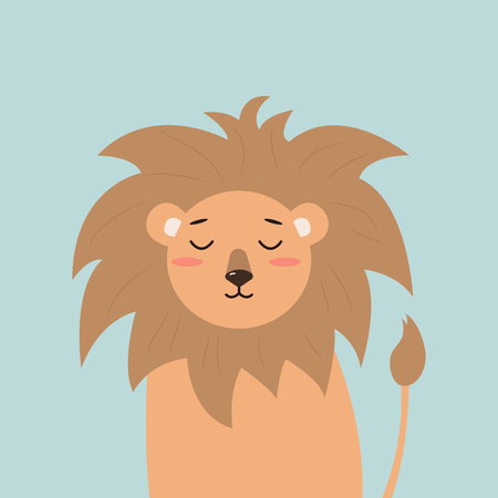 cute little lion in cartoon style on sky blue background. the soul of the child. vector illustration. Baby greeting cardのイラスト素材