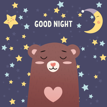 Illustration with happy bear, moon, stars and lettering. Colorful cute background vector. Good night, poster design. Good night and sweet dreamsのイラスト素材