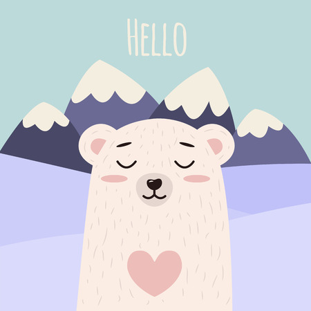 Cute Bear vector print, baby shower card. Polar teddy with hello write cartoon illustration, greeting card, kids cards for birthday poster or banner, cartoon invitation. Mountains on backgroundのイラスト素材