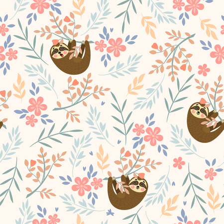 Vector seamless tropical pattern with cute sloths. Can be used for wallpaper, pattern fills, surface textures, fabric printsのイラスト素材
