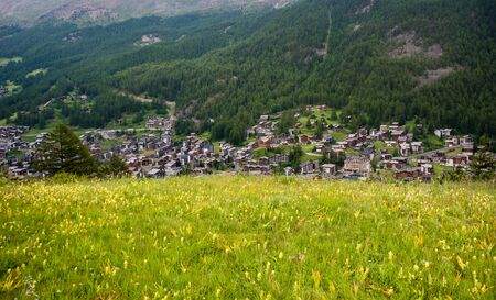 View of resort Zermatt on Alpine valley landscape, mountain, green meadow.の写真素材