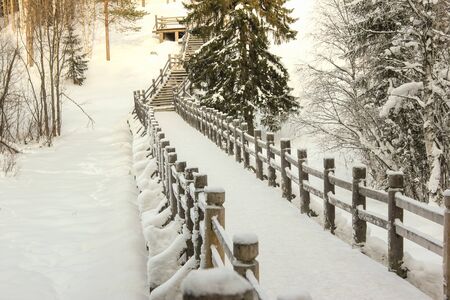 Beautiful winter landscape. Wooden bridge in a forest or parkの写真素材