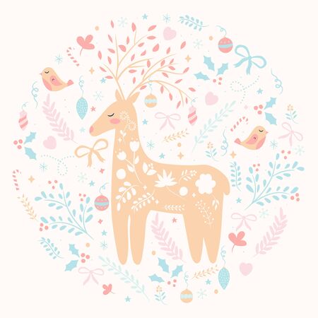 Christmas decorations postcard background with deer, birds, floral elements. Vector illustrationのイラスト素材