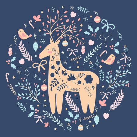 Christmas decorations postcard background with deer, birds, floral elements. Vector illustrationのイラスト素材