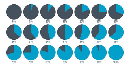 Set of colorful circle percentage diagrams for infographics, 0 5 10 15 20 25 30 35 40 45 50 55 60 65 70 75 80 85 90 95 100 percent. illustration.の写真素材