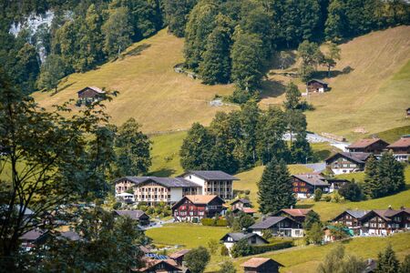 View of a typical Swiss village in a valley. Switzerlandの写真素材