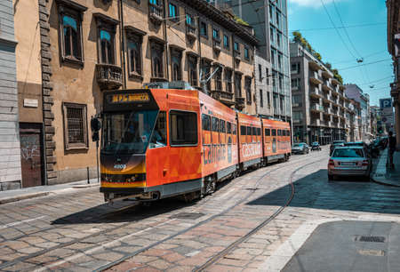 Milan, Italy- 06.07.2019: Milan street panorama modern tram tram. European public transportのeditorial素材