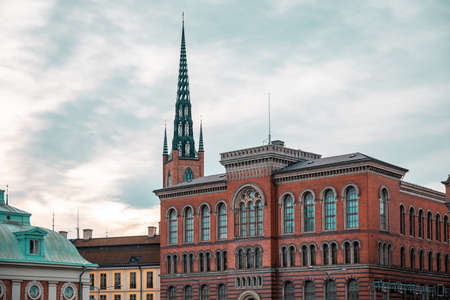 STOCKHOLM, SWEDEN - JANUARY, 2020: View of Riddarholmen Church in Gamla Stan.の写真素材