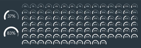 Set of circle percentage diagrams from 0 to 100 for infographics on dark background. Vector illustration.のイラスト素材