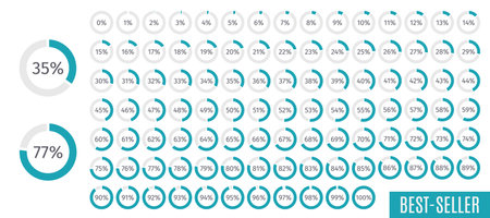 Set of colorful circle percentage diagrams for infographics, 0 5 10 15 20 25 30 35 40 45 50 55 60 65 70 75 80 85 90 95 100 percent. Vector illustrationのイラスト素材