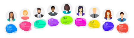 Business hierarchy infographics. Corporate organizational structure elements. Company posts with human silhouettes, vector banners in liquid blob style in bright glowing colors designのイラスト素材