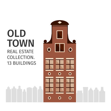 Flat design of retro city houses. Old town buildings collection. Colorful pastel tone cottage building, cafe house, hotels. Vector illustrationのイラスト素材