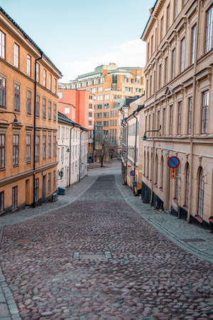 Narrow city Street in Old Town of Stockholm, Gamla Stan, Swedenの写真素材