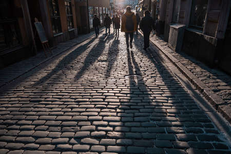January 2020, Abstract shadows of people walking in a street of the city. The sidewalk is sprinkled with granite crumb, Stockholm, Swedenのeditorial素材