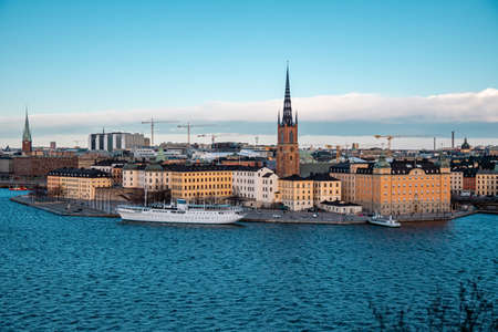 Scenic evening panorama of the Old Town of Stockholm from aboveの写真素材