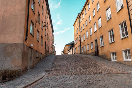 Narrow city Street in Old Town of Stockholm, Gamla Stan, Swedenの写真素材