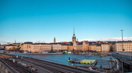 Scenic evening panorama of the Old Town of Stockholm from aboveの写真素材