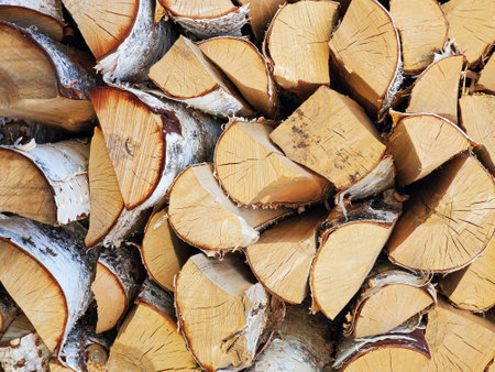 A stack of firewood, log ends, chopped birch and pine firewood. Texture, close upの写真素材