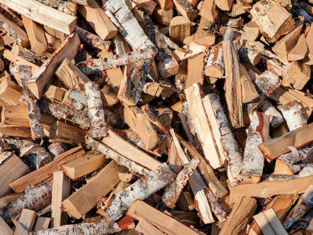 A stack of firewood, log ends, chopped birch and pine firewood, textureの写真素材