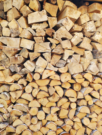 A stack of firewood, log ends, chopped birch and pine firewood. Vertical textureの写真素材