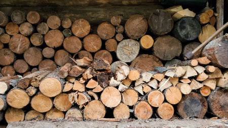 A closeup shot of wood logs stacked in a pile, pine logs of various sizes, background textureの写真素材