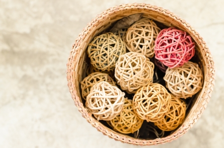 Decorative sphere made from bound wicker keep in the basket の写真素材