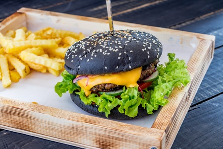 Black burger with meatの写真素材