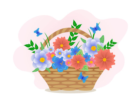 Flowers bouquet for mothers Day, vector with different flowers in a basket and butterflies.のイラスト素材