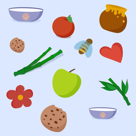 Pattern with honey, bowl with milk, flower, heart, cookie bee apple bambooのイラスト素材