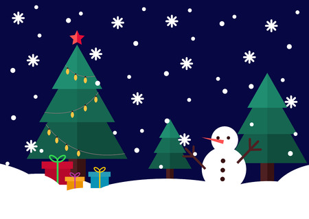 Winter Christmas tree in snow decorated with yellow light bulbs and snowmanのイラスト素材