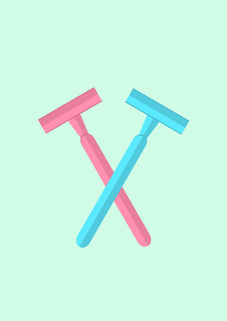 Pastel pink and blue blade razors minimal concept on light green backgroundのイラスト素材