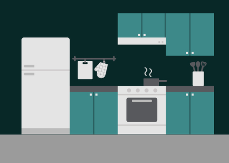 Turquoise green theme indoor kitchen and cooking equipmentsのイラスト素材