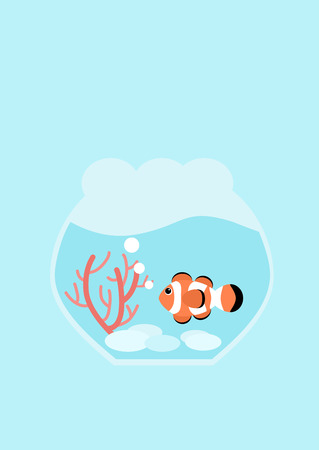 Flat design illustration Clown fish and red coral in fishbowlのイラスト素材
