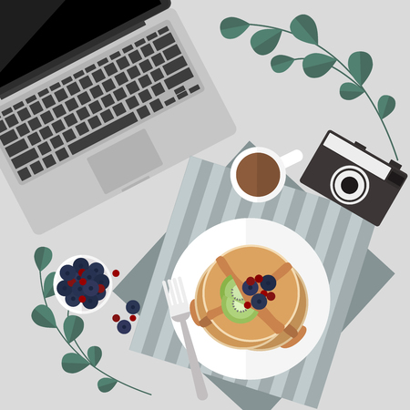 Morning pancake with berries and syrup and coffee serve on table next to laptopのイラスト素材