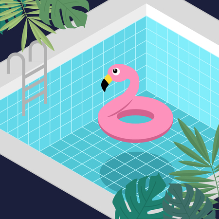 Flamingo life ring floating in blue swimming pool backgroundの写真素材