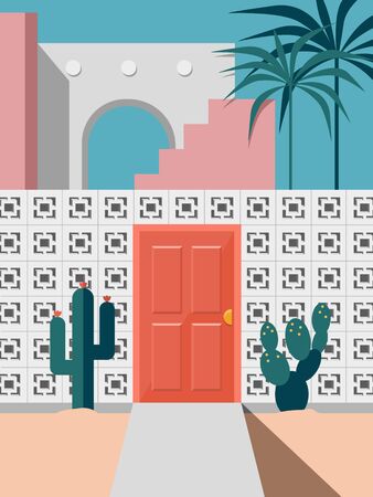Pastel modern mid century building faced with red door and cactus coconut treesのイラスト素材