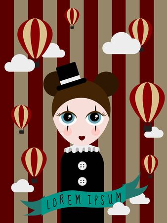 Brown hair girl in black dress with white collar on red stripped circus background decorated with floating balloons vectorのイラスト素材