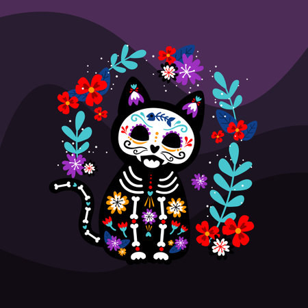 Day of the death Dia de los muertos cat with sugar skull mask head with colorful flower wreath vectorのイラスト素材