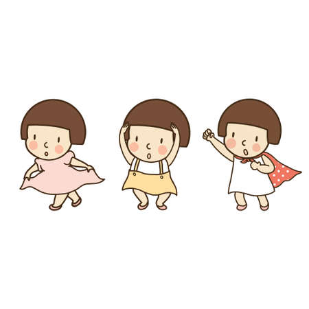 Vector illustration of little kid gesturing, thank you, okay / yes and fight. Family concept - body language for card, postcard, icon. Cartoon character drawing style. Isolated on white background.のイラスト素材
