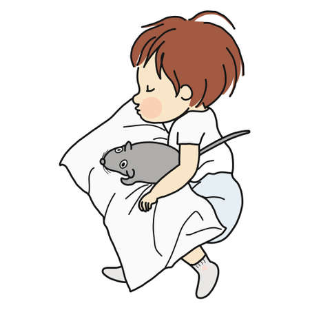 Little kid sleeping with rat doll in bedのイラスト素材