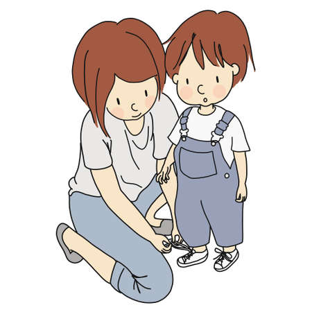 Vector illustration of mother helping cute little child tie shoelaces. Family concept - happy mother's day card, mother and child story. Cartoon character drawing style. Isolated on white background.のイラスト素材