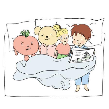Illustration of little kid in pajamas reading a bedtime story to her dolls in bedroom.のイラスト素材