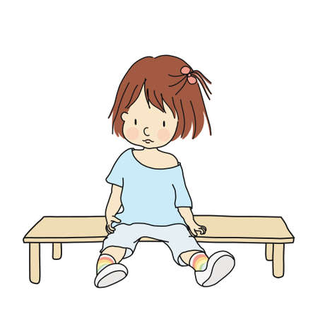 Illustration of little kid sitting on bench.のイラスト素材