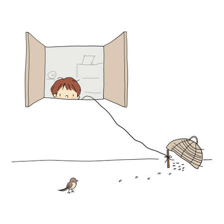 Vector illustration of little kid hiding behind the window and waiting to catch a bird with food cover. Family concept. Cartoon character drawing style. Isolated on white background.のイラスト素材
