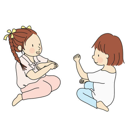 Vector illustration of two little kids playing Rock, Paper, Scissors hand game. Early childhood development, friend, friendship concept. Cartoon character drawing style. Isolated on white background.のイラスト素材